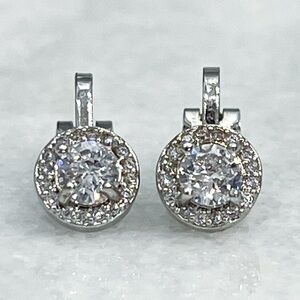 CZ Round Halo Silver Clip On Earrings